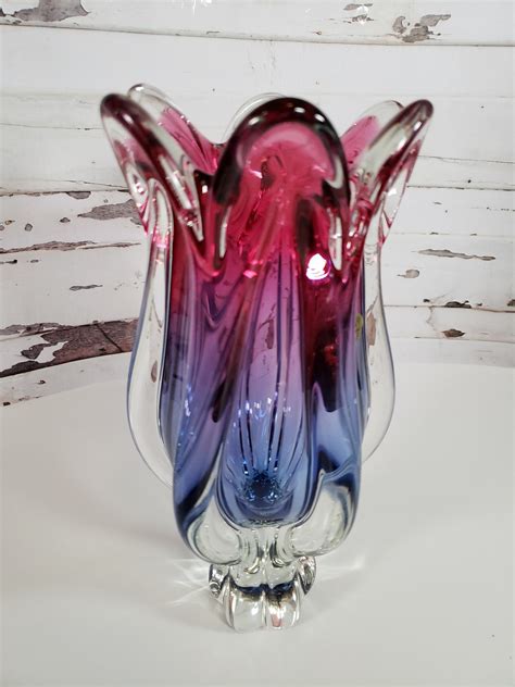 Bohemian Art Glass Hand Blown Glass Pink And Blue Czech Republic Vase Etsy
