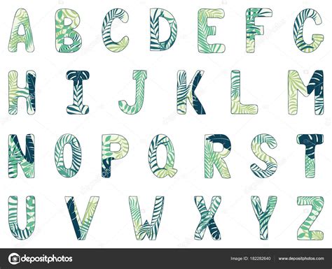 English Alphabet Capital Letters Hand Drawn Tropical Font — Stock