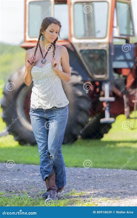 Farmers Daughter On The Farm Stock Image Image Of Fashion Attractive