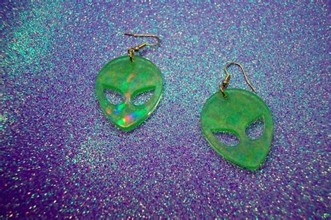 Holographic Resin Alien Earrings Etsy