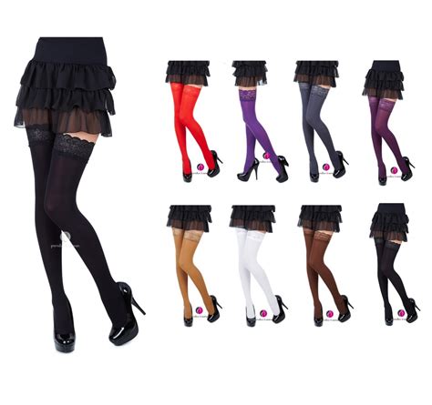 New Lace Top 40 Denier Sheer Hold Ups Stockings 8 Various Colours Sizes S Xl Ebay
