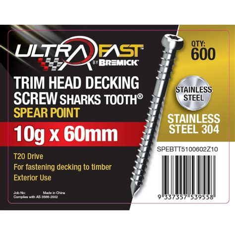 Ultrafast Decking Screws Trim Head 10g 60mm Ss T304 600pk 10sqm Grab N