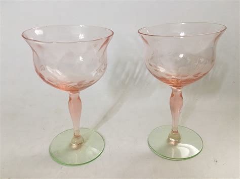 Two Watermelon Floral Etch Optic Depression Glass Wine Stem Pink Green Base Antique Price