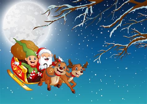 Premium Vector Santa Claus And Elf Riding A Sleigh Flying At Winter Night
