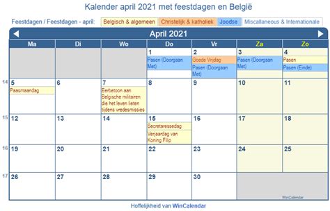 Belgie Kalender Voor Afdrukken April 2021