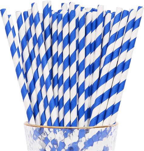Yaosheng Paper Straws For Drinking 100 Pack Blue Striped