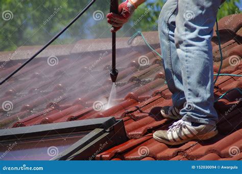 House Roof Cleaning With Pressure Tool Stock Photo Image Of