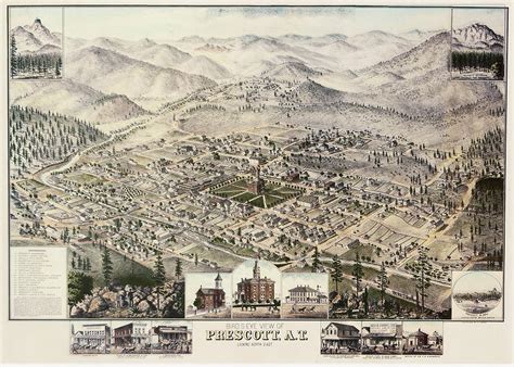 Vintage Pictorial Map Of Prescott Arizona 1885 Drawing By
