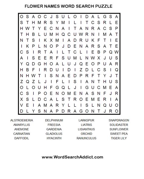 Flower Names Printable Word Search Puzzle Word Search