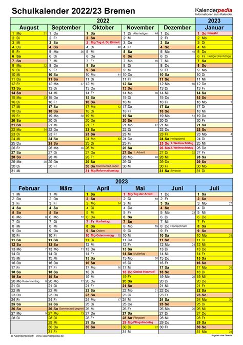 Schulkalender 20222023 Bremen Für Excel