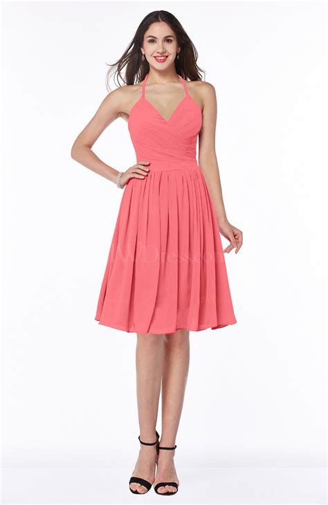 Coral Sexy A Line Halter Chiffon Knee Length Pleated Plus Size Bridesmaid Dresses
