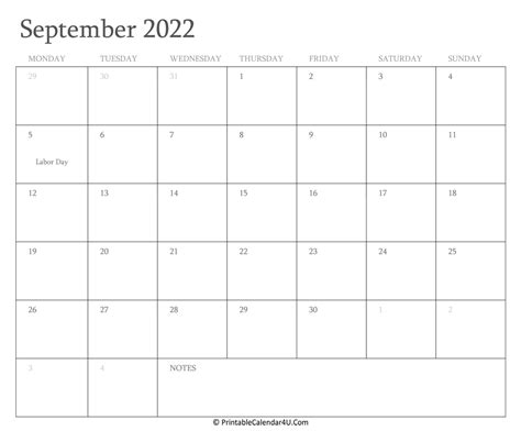 September 2022 Calendar Printable With Holidays