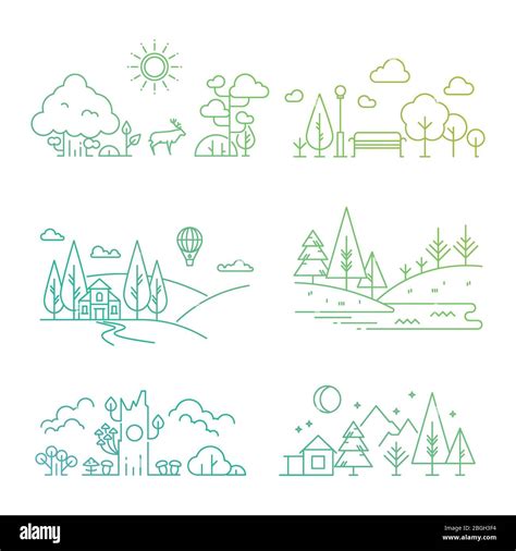 Bright Nature Landscape Outline Icons With Tree Plants Mountains