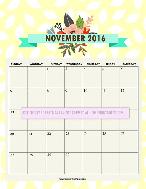 Free Printable November 2016 Calendar Home Printables