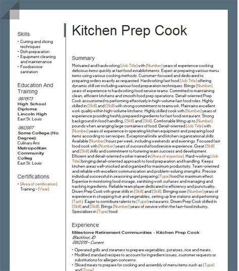 Kitchen Prep Cook Resume Example