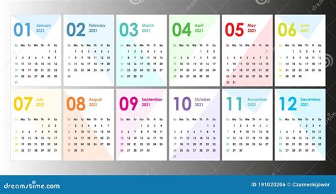 Calendario Colorido Para 2021 Tarjetas De Bolsillo Calendario De Oficina De Pared La Semana