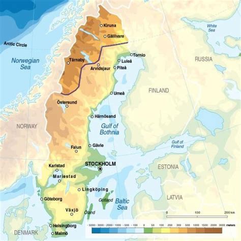 Lijst en kaart van alle 222 skigebieden in zweden. Zweden hoogte kaart - Kaart van Zweden hoogte (Noord ...