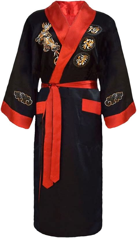 Mens Reversible Embroidered Japanese Kimono Robe Sleepwear Dressing