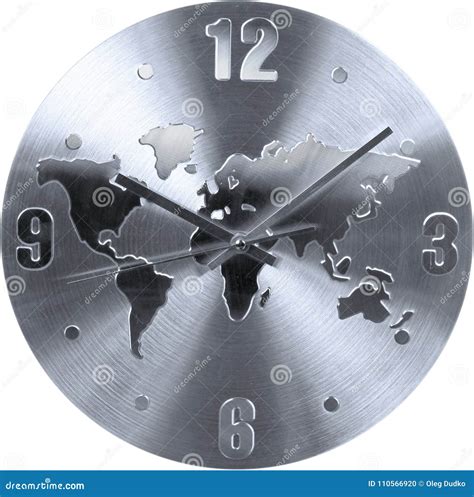 Stainless Clock With World Map Sign Isolated Stock Photo Image Of