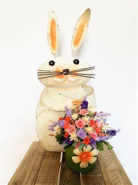 Large Tin Rustic Bunny With Springeaster Floral Arrangement Etsy