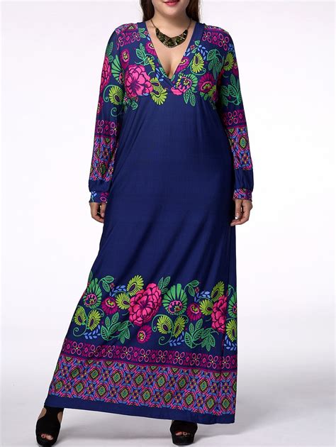 Bohemian Plus Size Plunging Neck Long Sleeve Flower Print Dress For