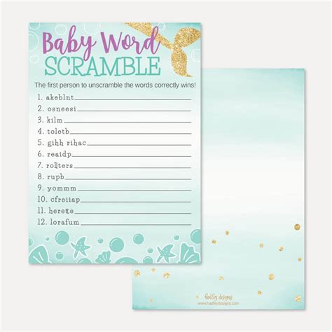 Printable Mermaid Baby Shower Word Scramble Game Template Hadley Designs