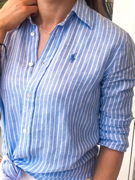 Close Up Of The Ralph Lauren Blue And White Striped Linen Shirt Read