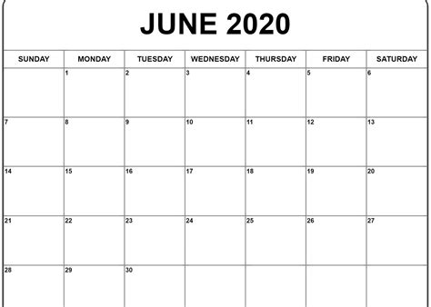Free June 2020 Calendar Pdf Word Excel Template