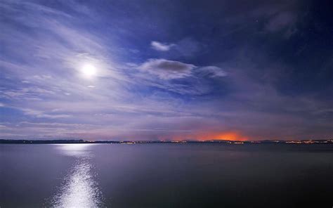 lake, Night, Sky, Moon, Sea, Cloud