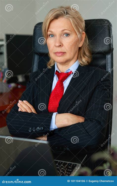 Portrait Of Mature Boss Woman In Red Tie At Office Stock Photo Image Of Busines European