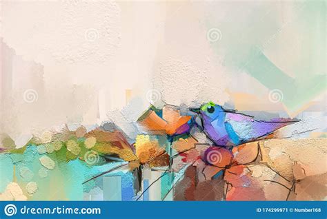Abstract Colorful Oil Acrylic Painting Of Bird And Spring