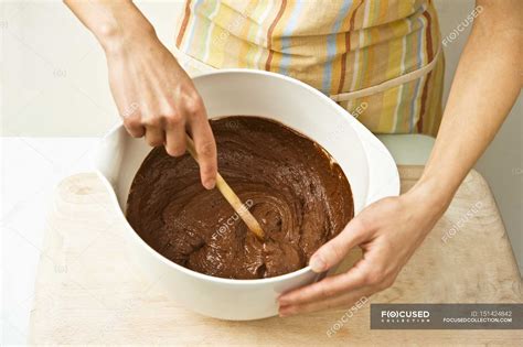 Woman Stirring Chocolate Cake Mixture Candy Rustic Stock Photo