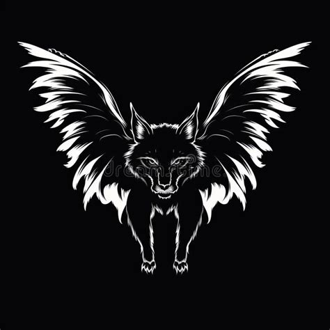 Dark And Symbolic Wolf Illustration With Wings On Black Background