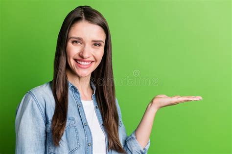 Portrait Of Attractive Cheerful Girl Holding On Palm Copy Empty Space