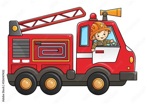 Cartoon Fire Truck With Fireman Or Firefighter Professional Transport