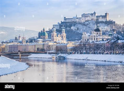 Historic City Of Salzburg With Salzach River In Winter Salzburger Land