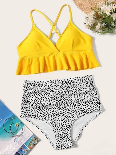 Product Name Peplum Top With Leopard Ruched High Waist Bikini Set At