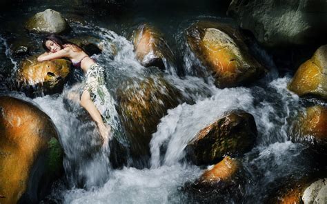 Wallpaper Waterfall Women Outdoors Model Rock Asian River