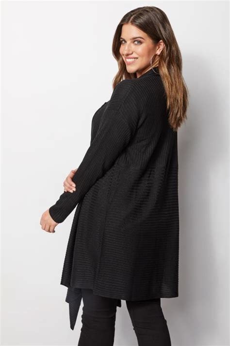 Black Longline Ribbed Waterfall Cardigan Plus Size 16 To 36 Yours
