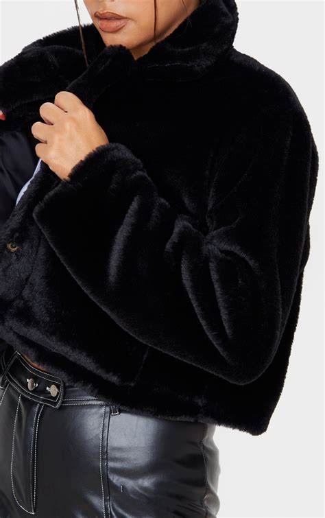 black faux fur cropped pocket jacket prettylittlething