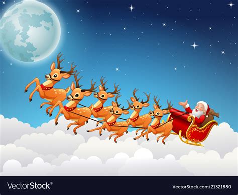 Santa Claus Rides Reindeer Sleigh Flying In Sk Vector Image