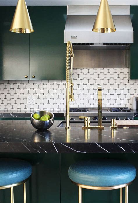Contemporary Dark Green Kitchen Cabinets With Black Marble Countertop