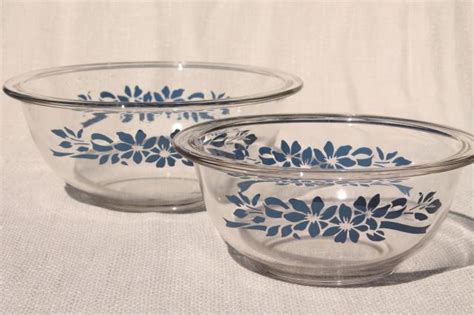 Vintage Pyrex Nesting Mixing Bowls Clear Glass W Blue Flowers Ribbon