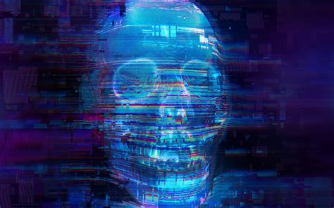 Download Skull Fear Glitch Art Neon Blue Wallpaper