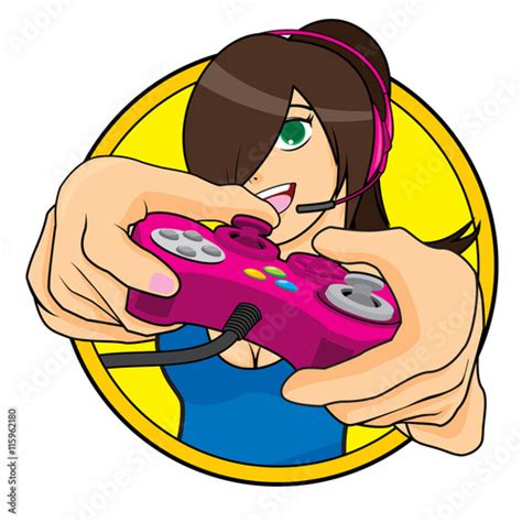 Picture Of Cute Gamer Girl With Game Controller And Headset Stock