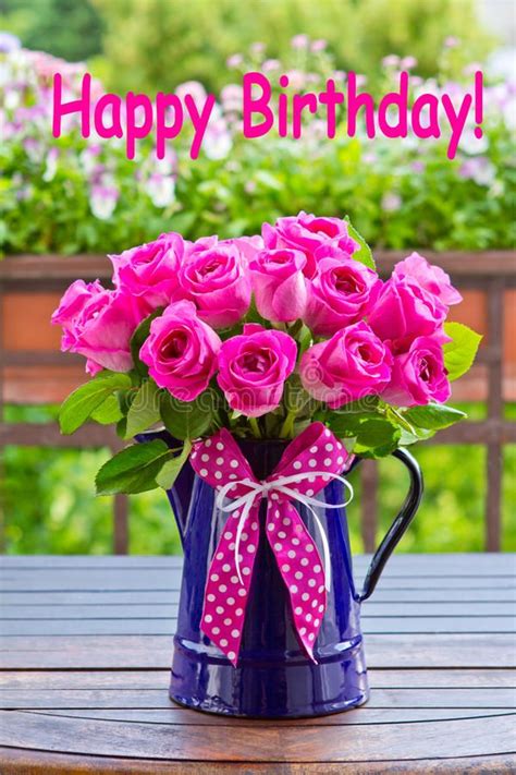 Photo About Bouquet Of Pink Roses In A Blue Enamel Jug With A Bow Of