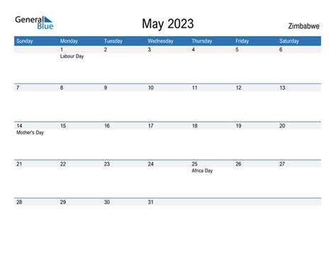 May 2023 Calendar With Zimbabwe Holidays
