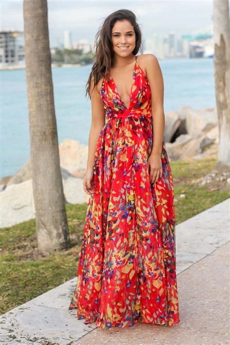 Red Printed Maxi Dress With Criss Cross Back Maxi Dresses Saved By