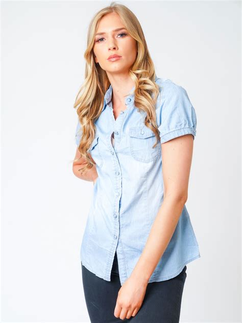 Womens Cap Sleeve Denim Shirt Light Blue Jean Shirts Size 16 10 12 14 8