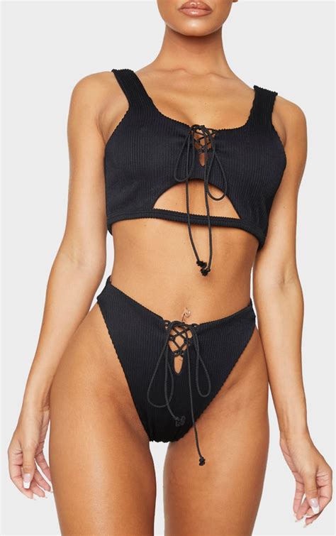 black ribbed lace up bikini bottom swimwear prettylittlething aus